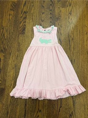 Girls' Pink Ruffle Hem Dress with Mint Crocodile Applique